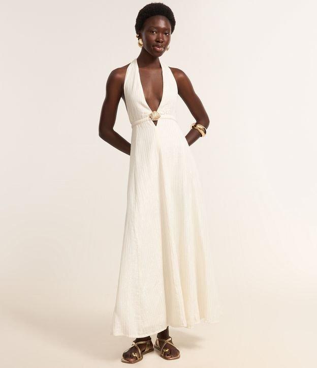 Vestido Longo com Fio Metalizado Frente Único e Concha Contrastante - 2