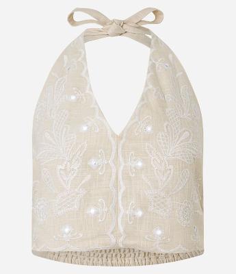 Blusa Cropped Frente Única em Algodão com Bordado Floral