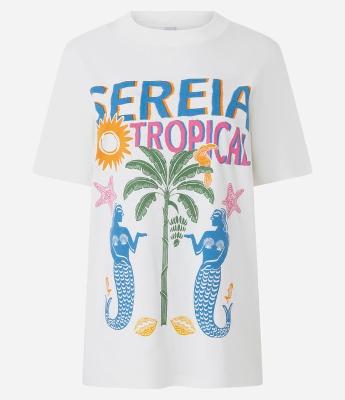 Camiseta Alongada em Algodão com Estampa Tropical