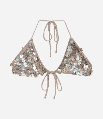 Biquíni Top Triangulo Fixo em Crochê com Medalhas de Madrepérola