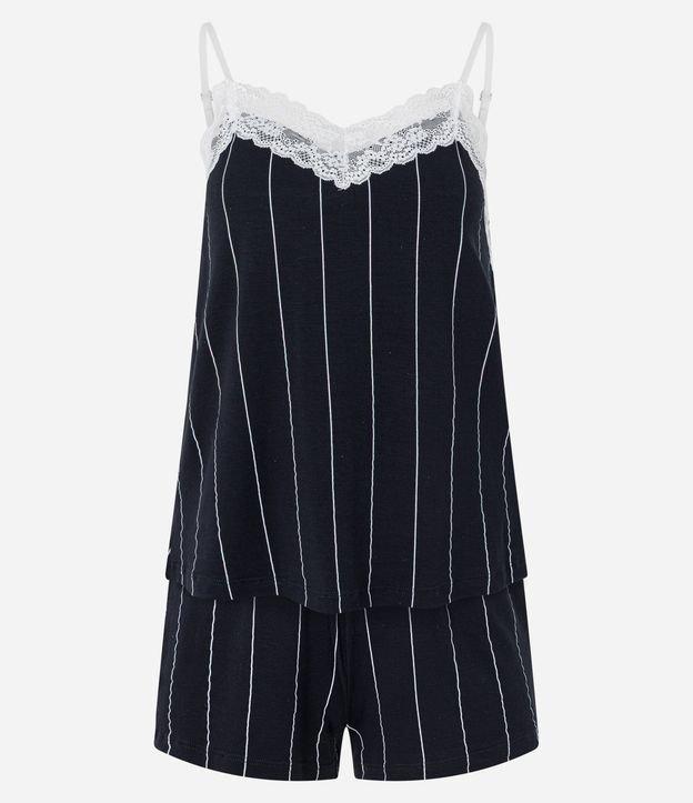 Pijama Short Doll em Viscose com Estampa Listrada e Rendinha - 1