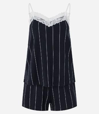 Pijama Short Doll em Viscose com Estampa Listrada e Rendinha