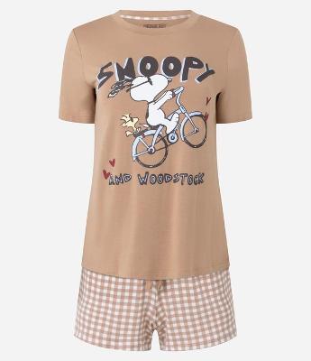 Pijama Short Doll em Viscose com Estampa Snoopy e Short Xadrez