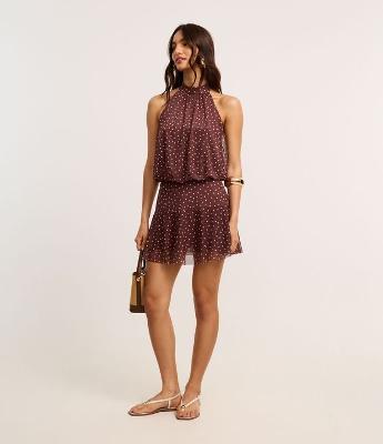 Vestido Frente Única Curto em Tule com Estampa Poá