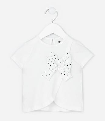 Camiseta Infantil com Laço Poá Aplicado - Tam 0 a 12 Meses