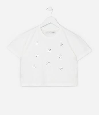 Camiseta Curta Infantil com Bordado Estrelas em Paetês - Tam 5 a 14 Anos