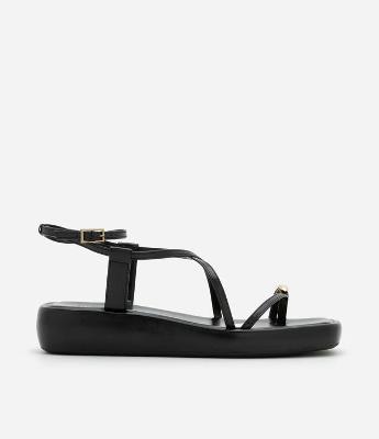 Sandália Rasteira Flatform em PU com Dedal de Metal