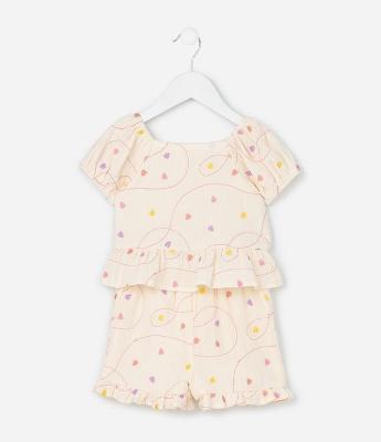 Conjunto Infantil em Tricoline com Estampa Bordada de Corações - Tam 1 a 6 Anos