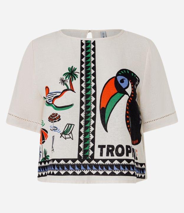 Blusa Boxy em Viscolinho com Estampa Praia e Tucano - 1