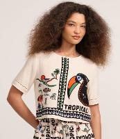 Blusa Boxy em Viscolinho com Estampa Praia e Tucano - 2