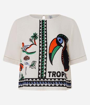 Blusa Boxy em Viscolinho com Estampa Praia e Tucano