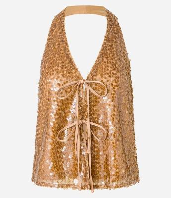 Blusa Frente Única em Paetê com Decote em V e Amarração