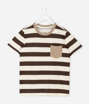 Camiseta Infantil Regular com Estampa de Listras e Bolso - Tam 5 a 14 Anos