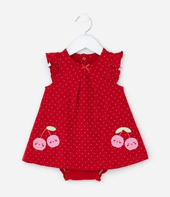 Vestido Body Infantil com Estampa Poá e Bordado de Cereja com Rostinho - Tam 0 a 18 meses