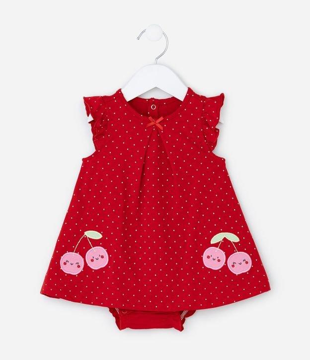 Vestido Body Infantil com Estampa Poá e Bordado de Cereja com Rostinho - Tam 0 a 18 meses - 1