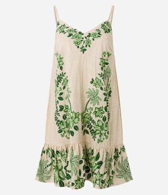 Vestido Evasê Curto em Viscose com Estampa Folhagem