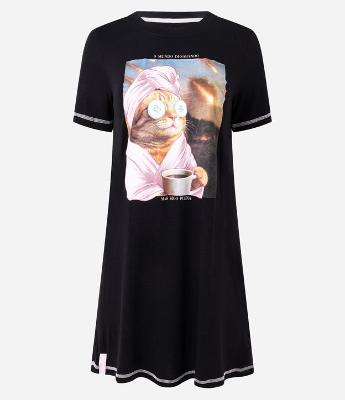 Camisola Curta em Viscose com Estampa de Gatinho Pleno