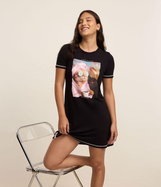 Camisola Curta em Viscose com Estampa de Gatinho Pleno - 2