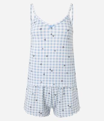 Pijama Short Doll em Tricô com Estampa Xadrez Vichy com Mini Corações