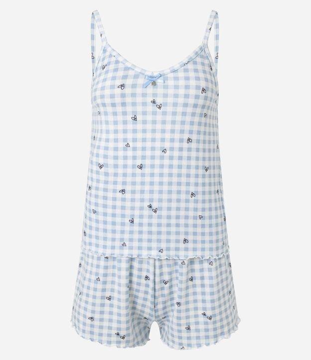 Pijama Short Doll em Tricô com Estampa Xadrez Vichy com Mini Corações - 1