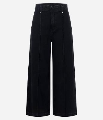 Calça Wide Leg Cropped em Jeans com Cós Alfaiatado