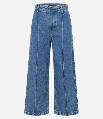 Calça Wide Leg Cropped em Jeans com Cós Alfaiatado
