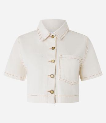 Camisa Cropeed em  Sarja com Bolso e Costura Aparente