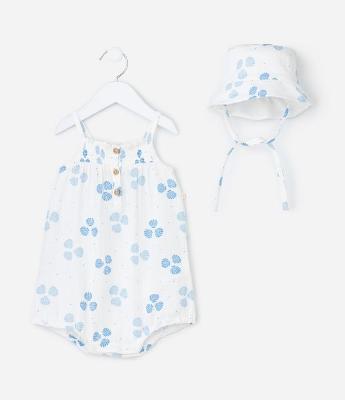 Macaquinho Infantil e Chapéu com Estampa de Conchas - Tam 0 a 18 Meses