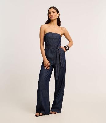 Macacão Sem Alça em Jeans com Cinto Amarração