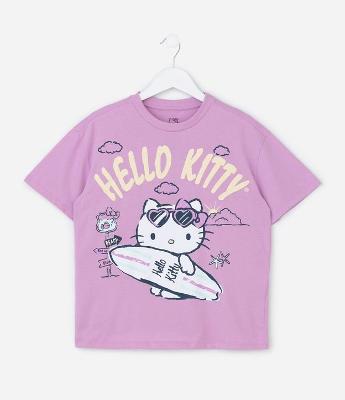 Camiseta Relaxed  Infantil com Estampa Hello kitty Surfista - Tam 5 a 14 Anos