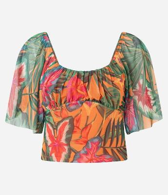 Blusa Cropped em Tule com Manga Godê e Estampa Folhagem