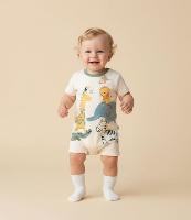 Macaquinho Infantil com Estampa Animais Empilhados - Tam 0 a 18 meses - 1