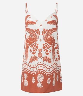 Vestido Curto de Alça em Viscolinho com Estampa Tropical