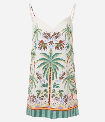 Vestido Curto  de Alça em Viscolinho com Estampa Coqueiros