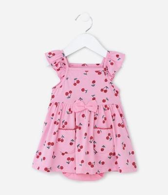 Vestido Body Infantil com Estampa de Cerejas - Tam 0 a 18 Meses