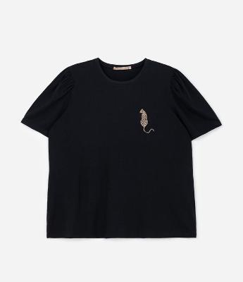 Blusa em Algodão com Manga Bufante e Bordado de Onça Curve & Plus Size