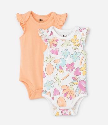 Kit 02 Bodies Infantis com Babado e Estampa Floral - Tam 0 a 18 meses