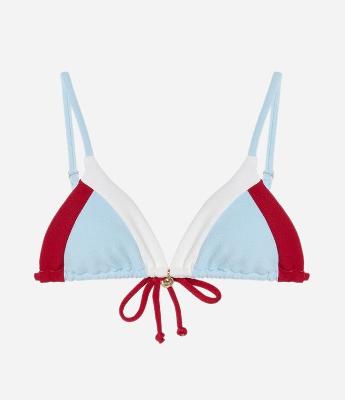 Biquíni Top Cortininha Texturizada com Bloco de Cor e Pingente de Conchinha