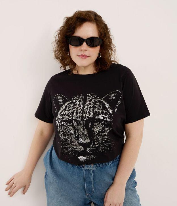 Camiseta Alongada em Algodão com Onça em Foil Curve & Plus Size - 3