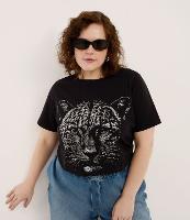 Camiseta Alongada em Algodão com Onça em Foil Curve & Plus Size - 3