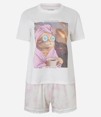 Pijama Short Doll em Algodão com Estampa de Gatinho Pleno