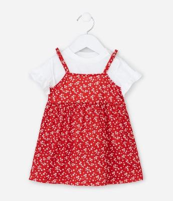 Vestido Infantil com Estampa Floral Liberty e Camiseta com Frufru na Manga - Tam 0 a 18 Meses