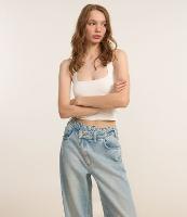 Calça Wide Leg em Jeans com Cós Transpassado - 1