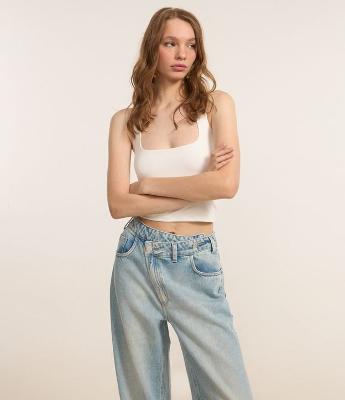 Calça Wide Leg em Jeans com Cós Transpassado
