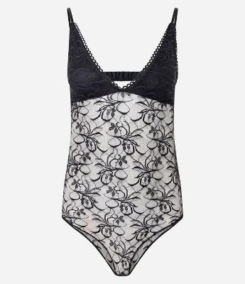 Body em Renda Floral com Tule e Decote em V