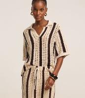 Blusa Boxy Listrada em Tricô com Ponto Vazado de Efeito Crochê - 1