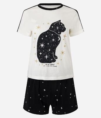 Pijama Short Doll em Algodão com Estampa Gatinho e Brilhos