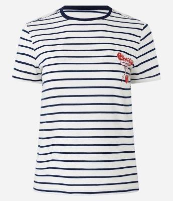 Camiseta T-shirt em Algodão com Estampa de Cereja e Listras Contrastantes