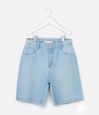Bermuda Jorts Infantil em Jeans com Aplicação de Brilhos Laterais - Tam 5 a 14 Anos