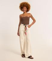 Calça Wide Leg em Sarja com Cinto Lenço Estampado - 1